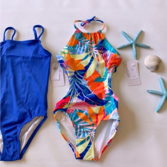 Old Navy | Girls Printed Halter Cut Out Ribbed Style One-Piece Swimsuit 2-Pack - Picture 6 of 15
